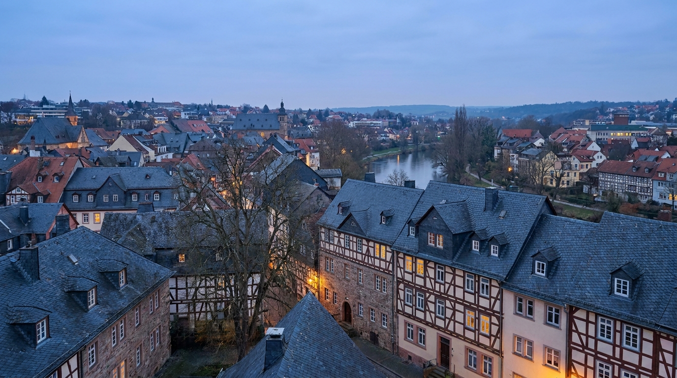 Dächer einer deutschen Stadt am Abend (Symbolbild)